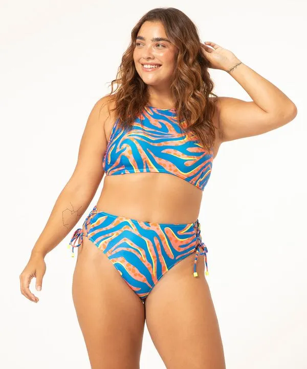 biquíni hot pant animal print com amarração e proteção uv50+ azul PP