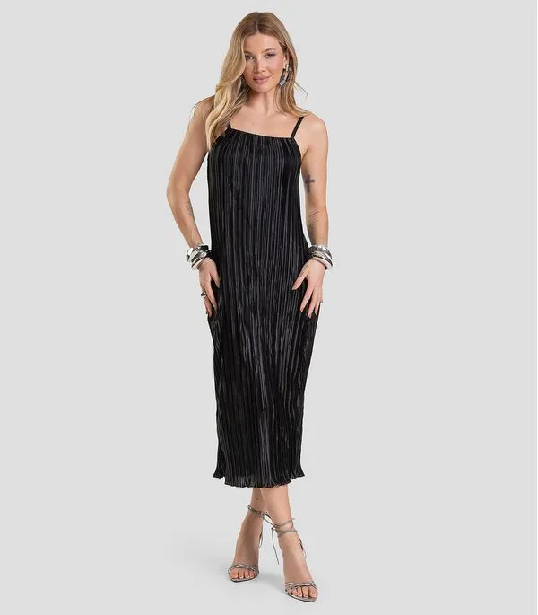 Vestido Midi Feminino Plissado De Alça Dianna Preto PP