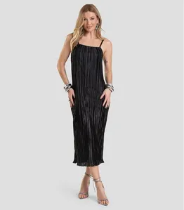 Vestido Midi Feminino Plissado De Alça Dianna Preto GG