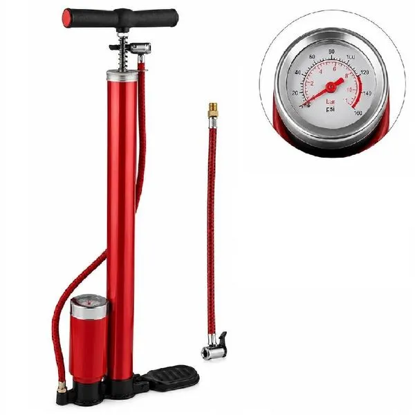 Bomba de Ar Manual com Manômetro 9RV Dupla Alta Pressão para Pneu Bike Moto Vermelha Yeet Bomba de Ar Manual 9RV com Manômetro Alta Pressão Vermelha Yeet