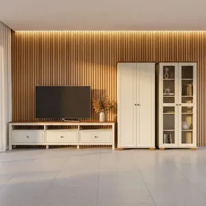 Conjunto de Sala 3 Peças com Rack, Armário e 1 Estante Ananda CabeCasa MadeiraOriginals Branco Off White/Mel Off White/Mel