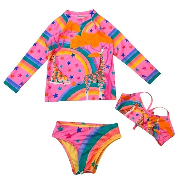 Conjunto De Praia Manga Longa 3 Peças Peixote Girafas Arco-Íris 2 Anos (MP)