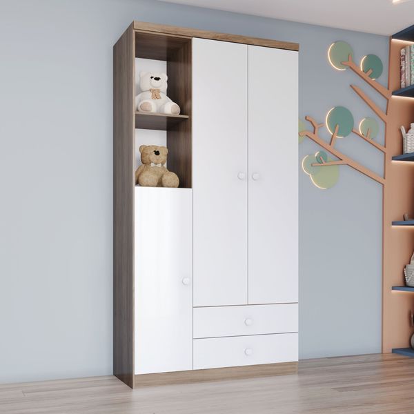 Guarda Roupa Infantil 3 Portas 2 Gavetas 2 Nichos Faz de Conta Espresso Móveis Rústico/Branco