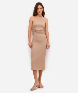 vestido midi feminino halterneck texturizado bege PP