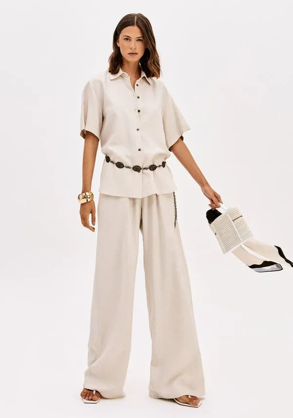 Calça Wide Leg Cintura Alta Com Linho Branco G
