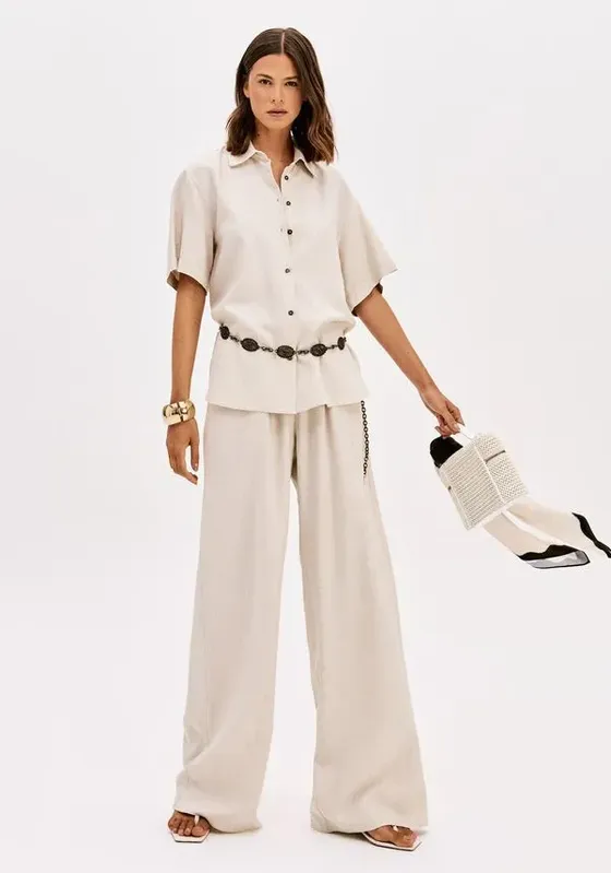 Calça Wide Leg Cintura Alta Com Linho Branco P