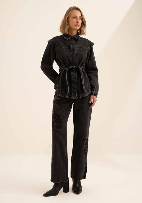 Jaqueta Jeans Com Bordados E Faixa PRETO G