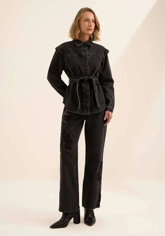 Jaqueta Jeans Com Bordados E Faixa PRETO G