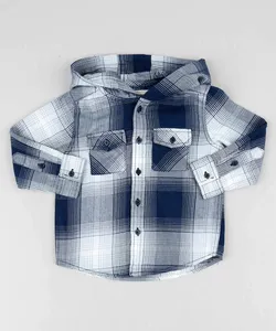 Camisa Infantil Estampada Xadrez com Capuz Manga Longa Azul Marinho 3