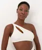 top biquíni texturizado ombro único cut out proteção uv off white GG