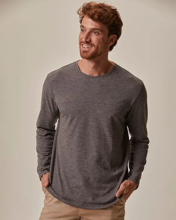 Camiseta Masculina Decote Redondo Manga Longa Em Malha Fio A Fio Marrom - M