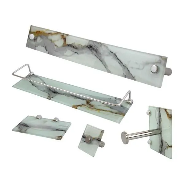 Kit Banheiro Suporte Organizador Vidro Calacata Branco com Toalheiro Papel Saboneteira e Shampoo VMEX Kit Banheiro Suporte Organizador Vidro Calacata Branco Completo com Acessórios VMEX