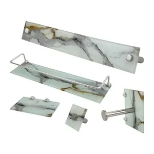 Kit Banheiro Suporte Organizador Vidro Calacata Branco com Toalheiro Papel Saboneteira e Shampoo VMEX Kit Banheiro Suporte Organizador Vidro Calacata Branco Completo com Acessórios VMEX