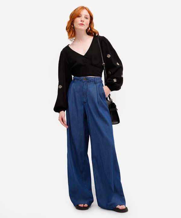 calça wide leg feminina jeans com pregas azul 46