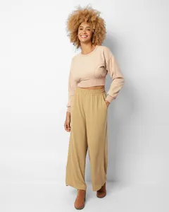 Calça Feminina Pantalona Com Bolsos Bege M