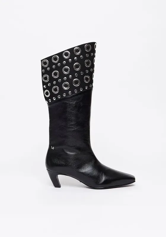 Bota Cano Longo De Couro Com Aplicações Preto 35
