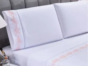 Jogo lençol Floral quarto casal Queen bordado 4 peças 2fronha Branco com Salmão