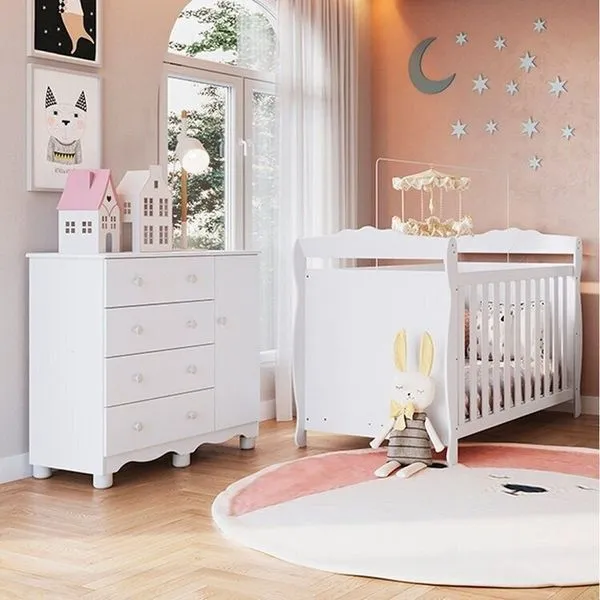 Quarto de Bebê com Berço Americano e Cômoda 1 Porta Nina Espresso Móveis Branco/Brilho Branco Brilho