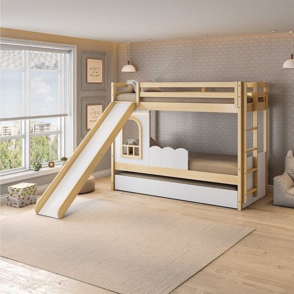Treliche Infantil com Janela, Escorregador e Led New Garden Casatema Natural/Branco