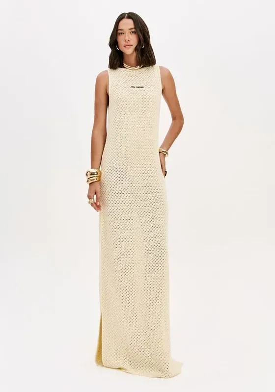 Vestido Super Midi De Tricô Com Bordado Amarelo M