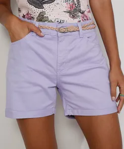 Short de Sarja Feminino Midi Cintura Alta com Cinto e Barra Dobrada Lilás 38