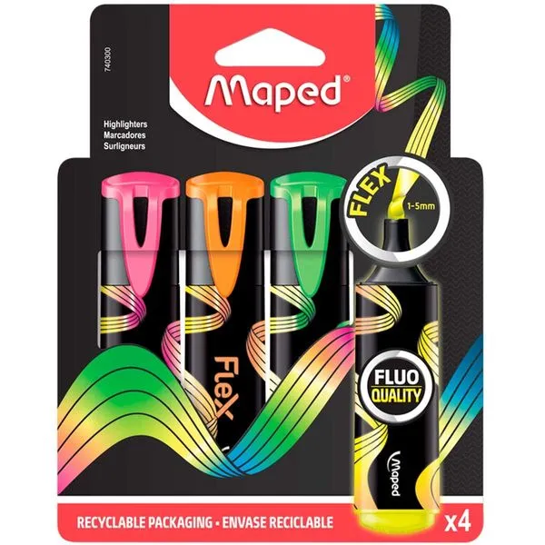 Marca Texto Maped New Flex 4 Cores Amarelo/Laranja/Verde/Rosa 740300