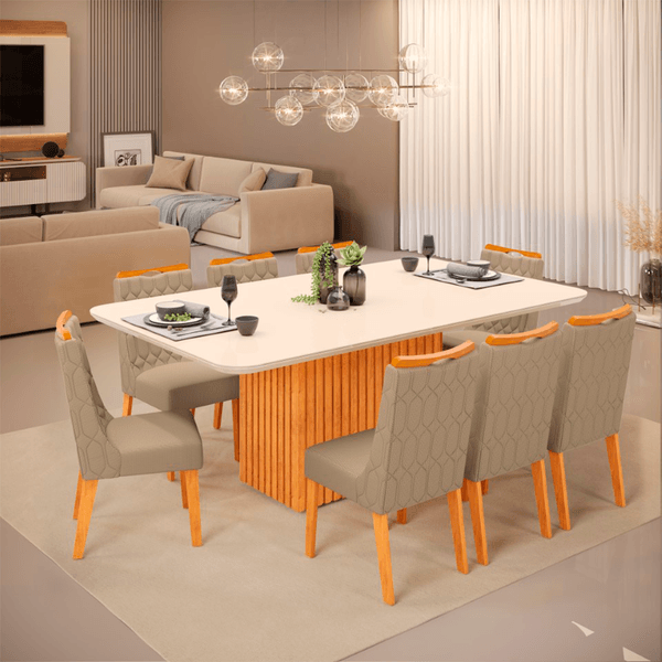 Conjunto Sala de Jantar Canes Tampo MDF 8 Cadeiras 200X30 Cedro / Off-White