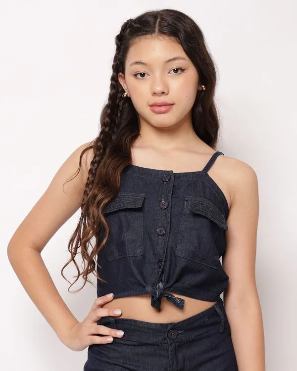 Regata Liocel Juvenil Cropped com Botões e Bolsos Azul 12