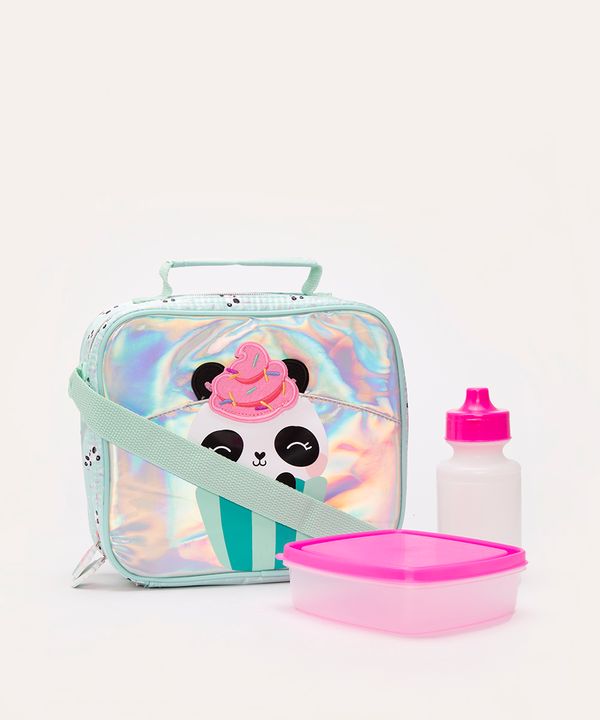 lancheira infantil panda cupcake com alça azul Único