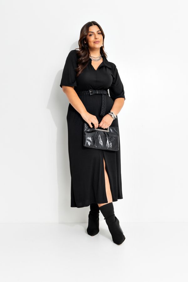 Vestido em Malha De Poliéster com Gola Casual Preto G