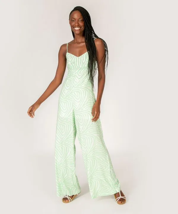 macacão wide leg de viscose alça fina decote v cut out com amarração estampa psicodélica verde claro M