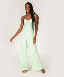 macacão wide leg de viscose alça fina decote v cut out com amarração estampa psicodélica verde claro M