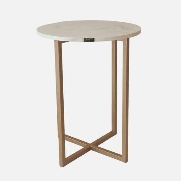 Mesa De Canto Decor Quality Modulados Branco Marmorizado Base Metalom Champagne (MP)
