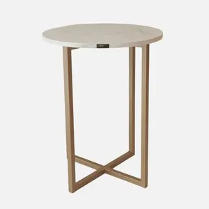 Mesa De Canto Decor Quality Modulados Branco Marmorizado Base Metalom Champagne (MP)