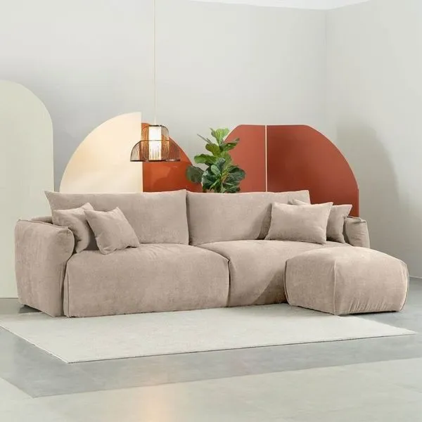 Conjunto Sofá 260cm e Puff Comfy CabeCasa MadeiraOriginals Bege Claro Bege Claro