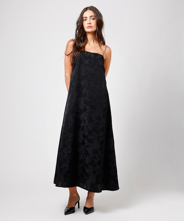 vestido longo feminino de jacquard floral mindset preto PP