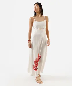 vestido midi alça fina feminino com linho e recorte bordado bege M