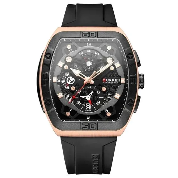 Relógio Cronógrafo Masculino Tonneau Design Esportivo com Pulseira de Silicone Preto Curren Relógio Masculino Cronógrafo Tonneau Esportivo com Pulseira de Silicone Preto Curren