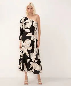 vestido midi de algodão folhagens ombro único preto PP