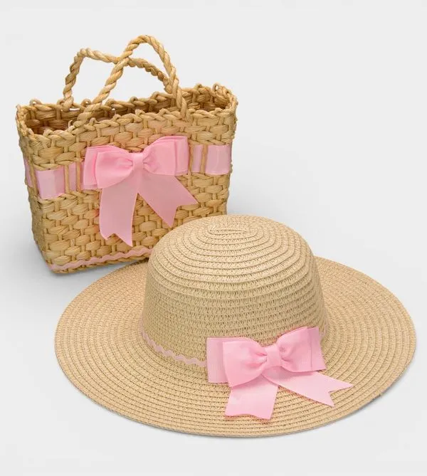 Bolsa de Palha com Chapéu Laço Rosa Rosa