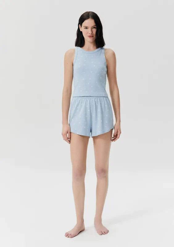 Pijama Curto Feminino Estampado Em Ribana - Azul P