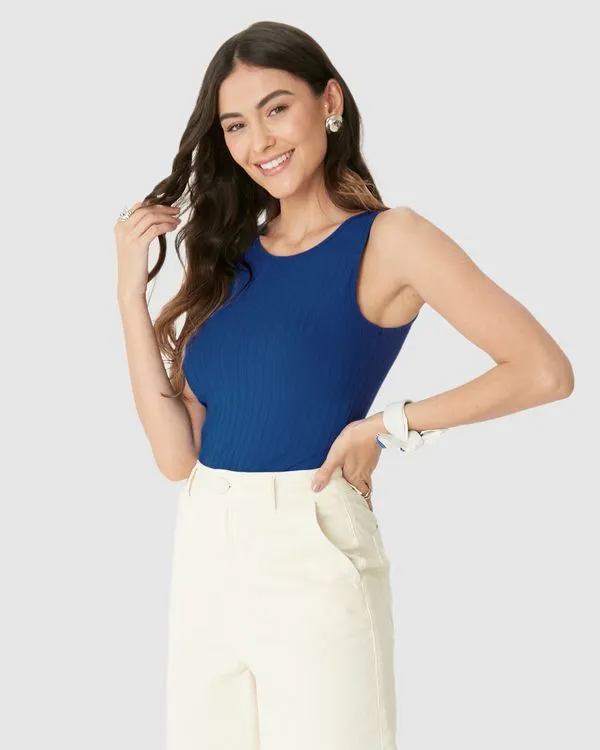 Regata Básica Feminina Decote Redondo Em Canelado De Viscose Azul - XGG