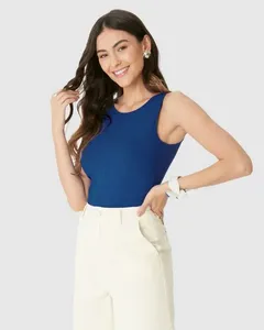 Regata Básica Feminina Decote Redondo Em Canelado De Viscose Azul - XGG