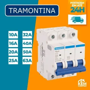 Disjuntor Tripolar Curva C 50A 6 Ka 110-220V para Proteção de Circuitos Residenciais Comerciais Industriais Tramontina Disjuntor Tripolar Curva C 50A 6 Ka 110-220V para Circuitos com Cargas Indutivas Tramontina