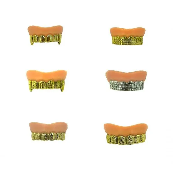 Kit 6 Dentaduras Dentes Grillz Metalico Rapper Gangster