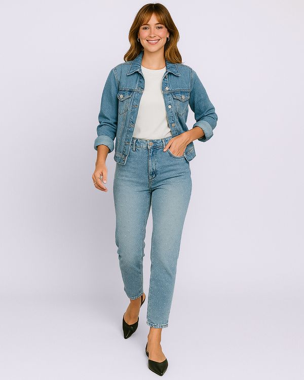 Calça Jeans Feminina Mom com Strass Bolsos Estonada Azul 42