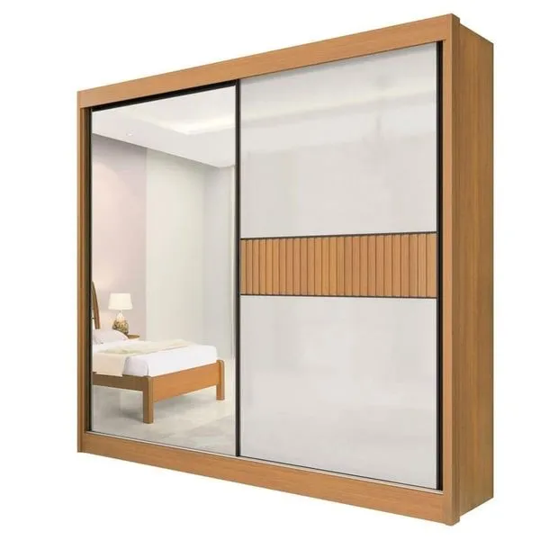 Guarda Roupa Casal Com Espelho 2 Portas 6 Gavetas - Titanium Ripado-cinamomo-off White - Móveis D'doro