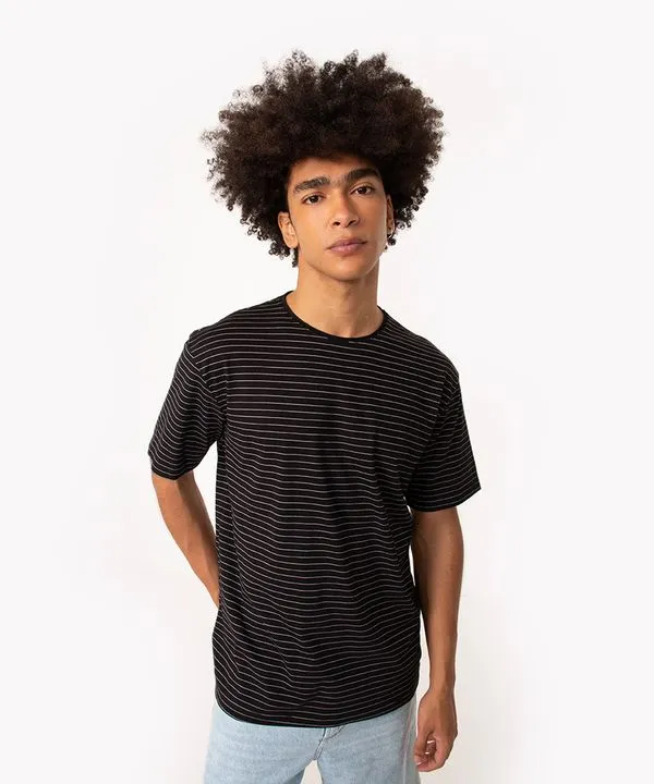 camiseta de algodão listrada manga curta preto G