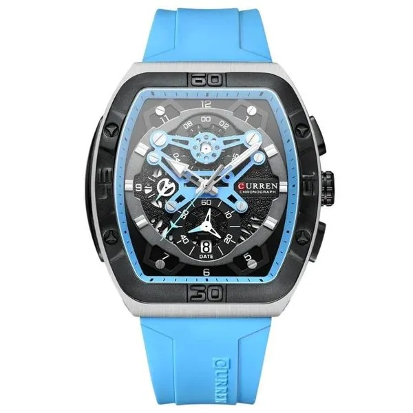 Relógio Cronógrafo Masculino Tonneau Design com Pulseira Esportiva de Silicone Azul Curren Relógio de Pulso Masculino Tonneau com Pulseira de Silicone Azul Curren