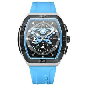Relógio Cronógrafo Masculino Tonneau Design com Pulseira Esportiva de Silicone Azul Curren Relógio de Pulso Masculino Tonneau com Pulseira de Silicone Azul Curren